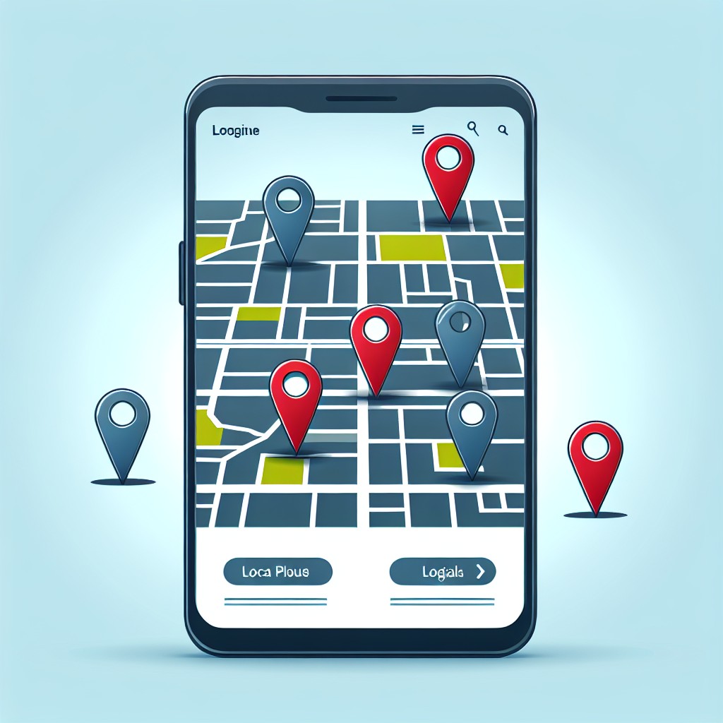 Illustration d'un site web sur un smartphone, montrant une carte avec des épingles de localisation pour représenter la présence digitale locale.
