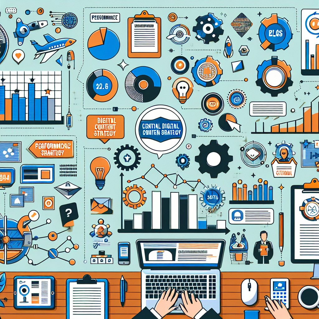 Image de couverture représentant des éléments de stratégie de contenu numérique avec des graphiques de performance et des supports variés comme des blogs, vidéos, et infographies.