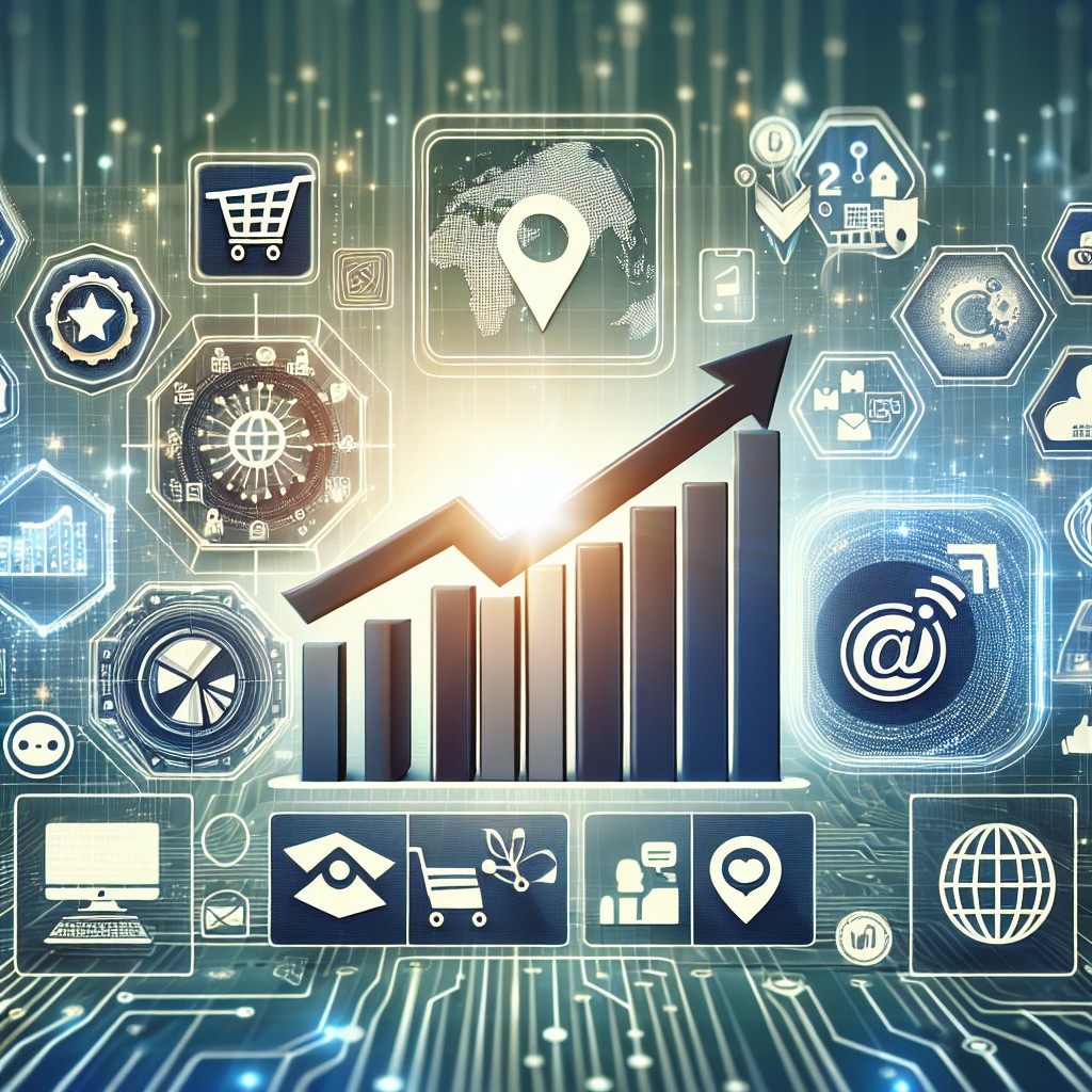 Image illustrant la transformation digitale pour les PME, avec des graphiques de croissance et des icônes de marketing en ligne.