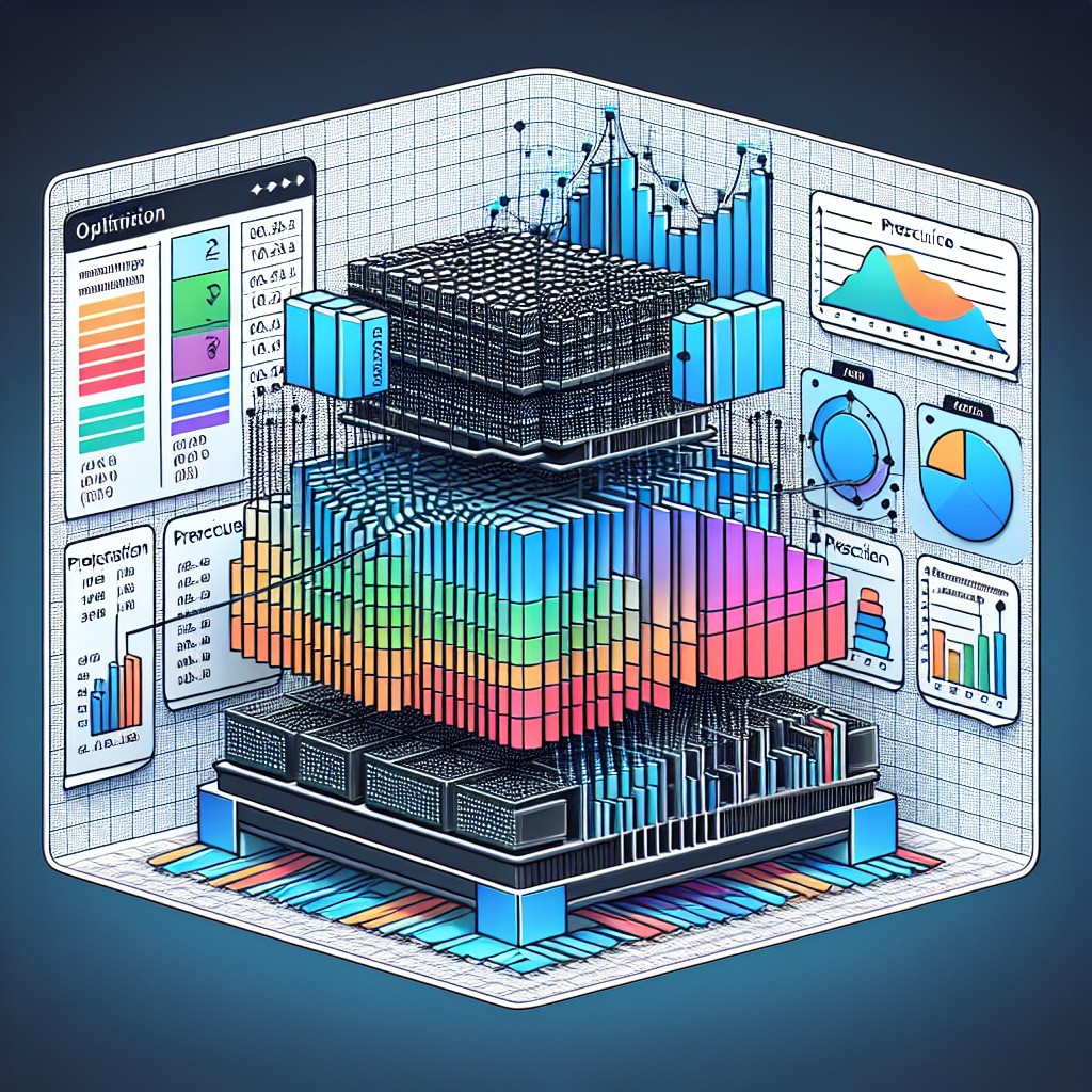 Illustration conceptuelle d'un modèle de machine learning en cours d'optimisation, montrant des graphiques et matrices de précision.