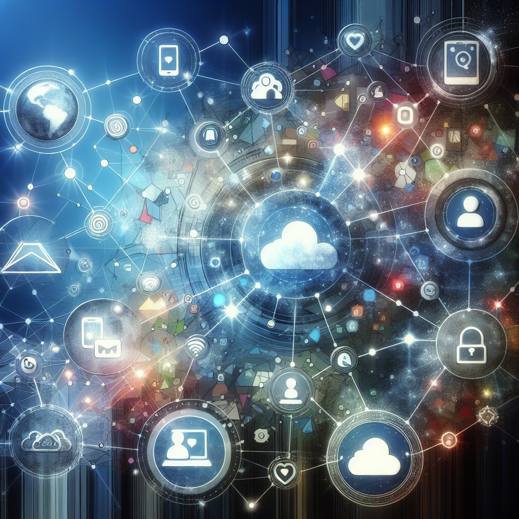 Une illustration moderne représentant un réseau de plateformes digitales interconnectées, symbolisant la présence en ligne.