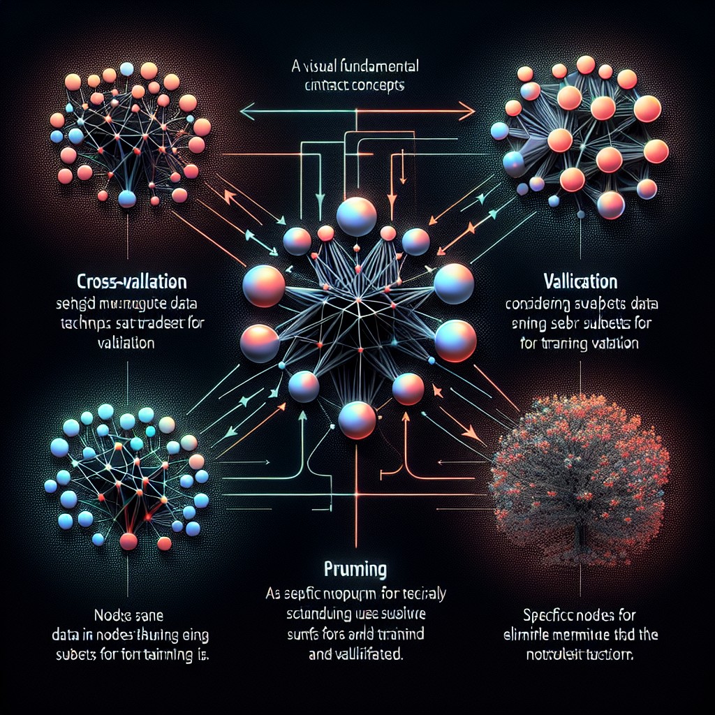 Machine learning concepts with abstract network of interconnected nodes representing pruning and cross validation techniques.