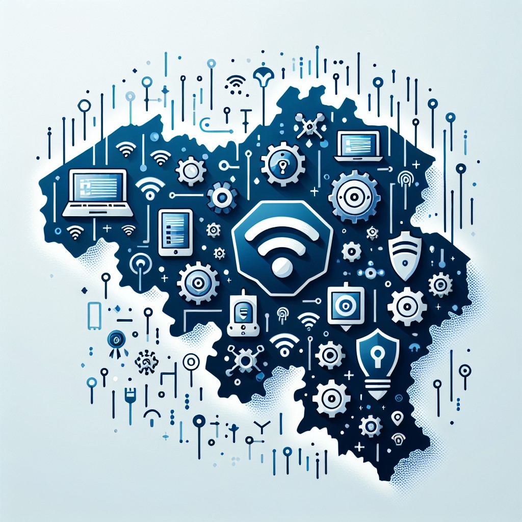 Image de couverture montrant des icônes de technologie numérique intégrées à la carte de la Belgique.