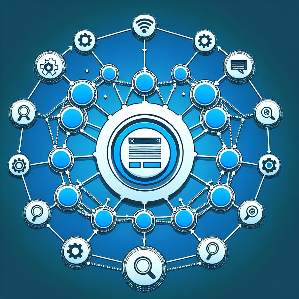 Illustration d'un réseau de backlinks entourant un site web central, symbolisant la connectivité et l'autorité en SEO.