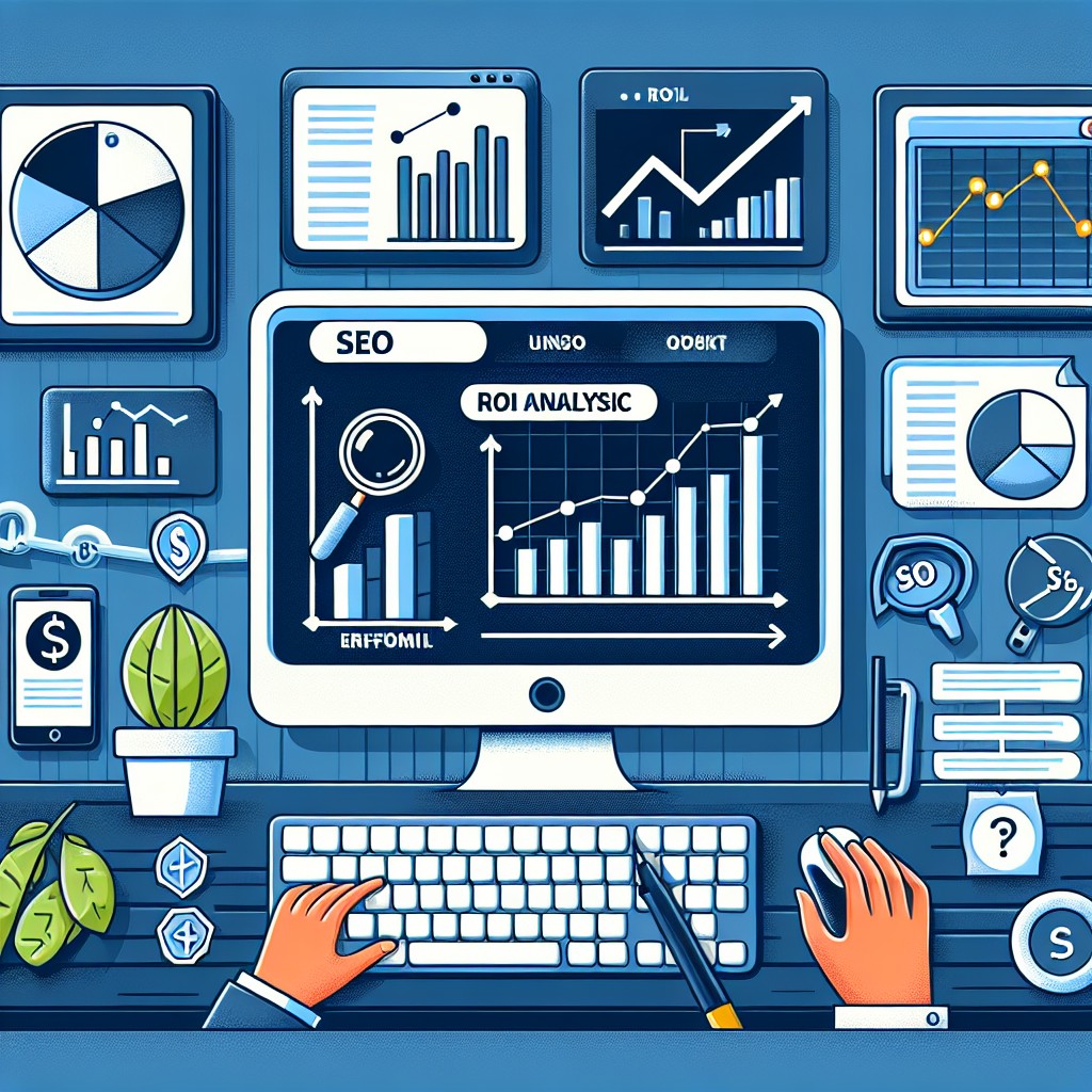 Illustration montrant des graphiques et des indicateurs de performance SEO sur un écran d'ordinateur pour symboliser l'analyse de ROI.