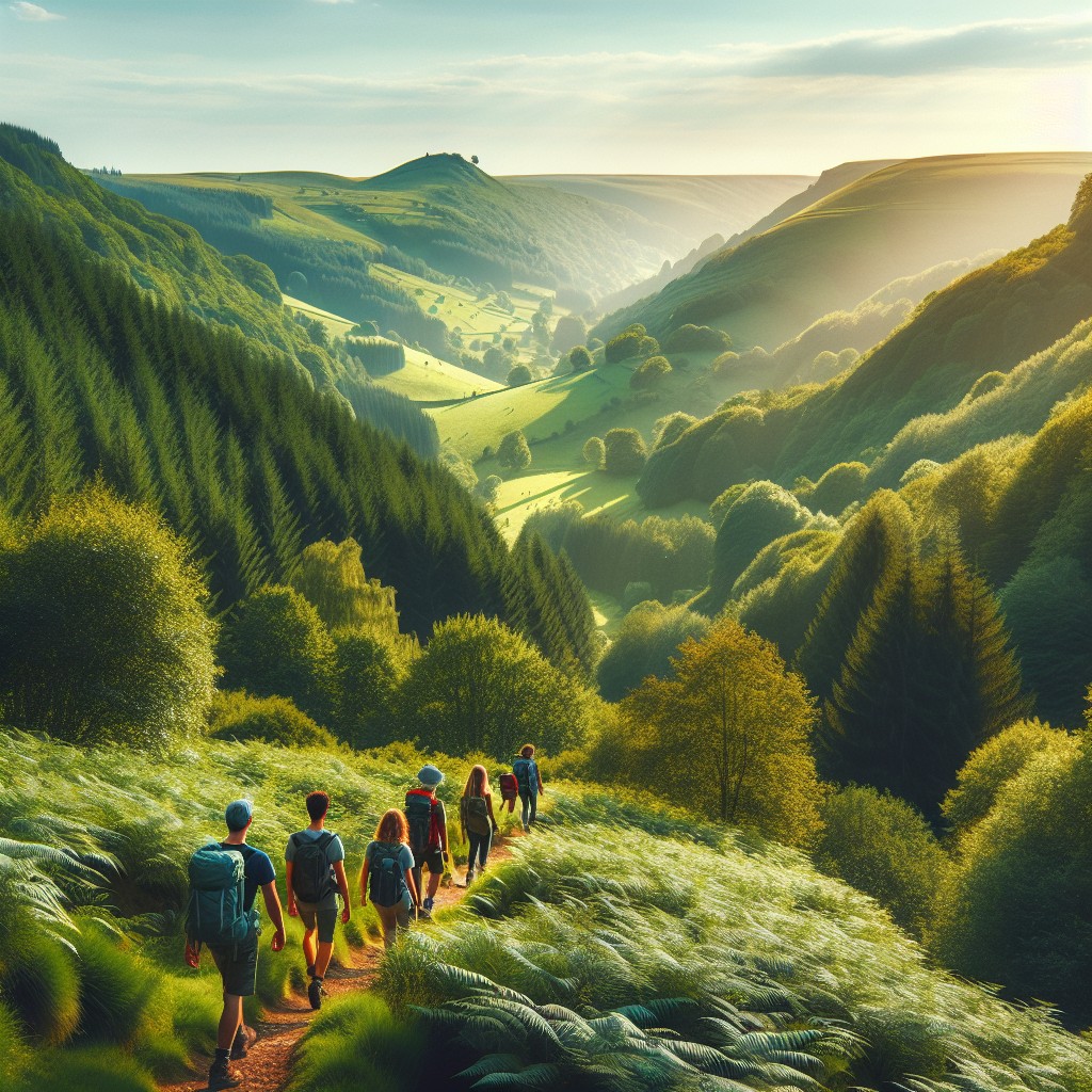 Une vue panoramique des collines verdoyantes et des forêts denses de la Wallonie, avec des randonneurs sur un sentier pittoresque.