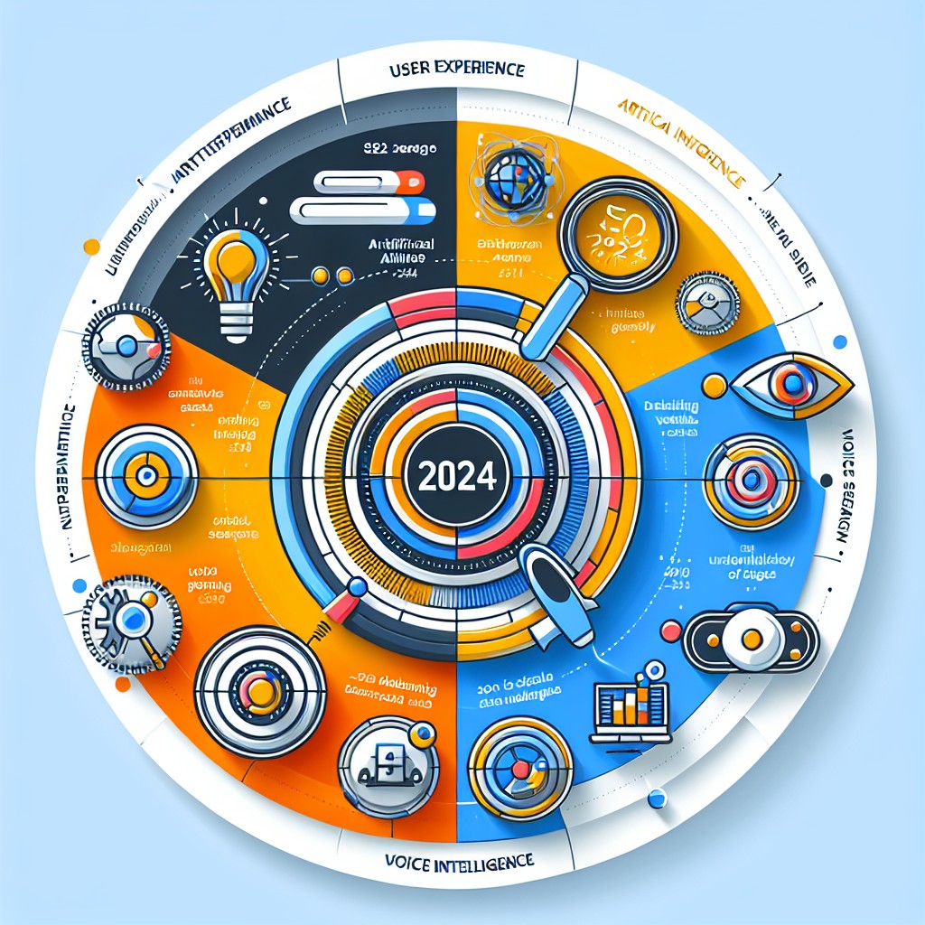 Un graphique représentant les différentes facettes du SEO en 2024, incluant l'expérience utilisateur, l'intelligence artificielle et la recherche vocale.