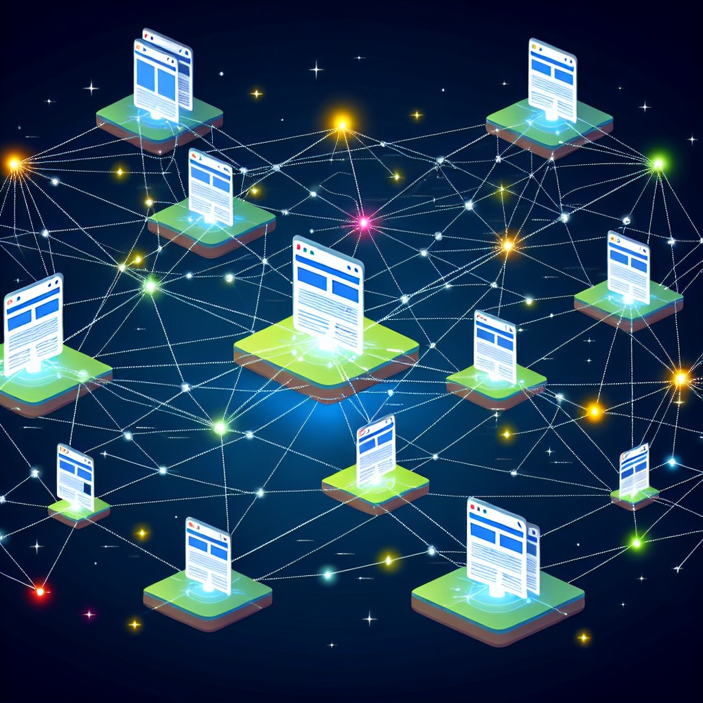 Illustration de backlinks connectant différents sites internet, symbolisant le réseau de liens en SEO.