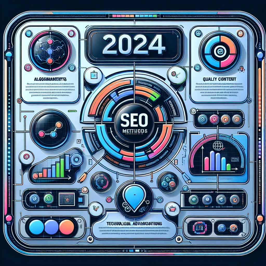 Un graphique représentant les différentes méthodes de référencement SEO en 2024 comme les algorithmes, le contenu de qualité, et les avancées technologiques.