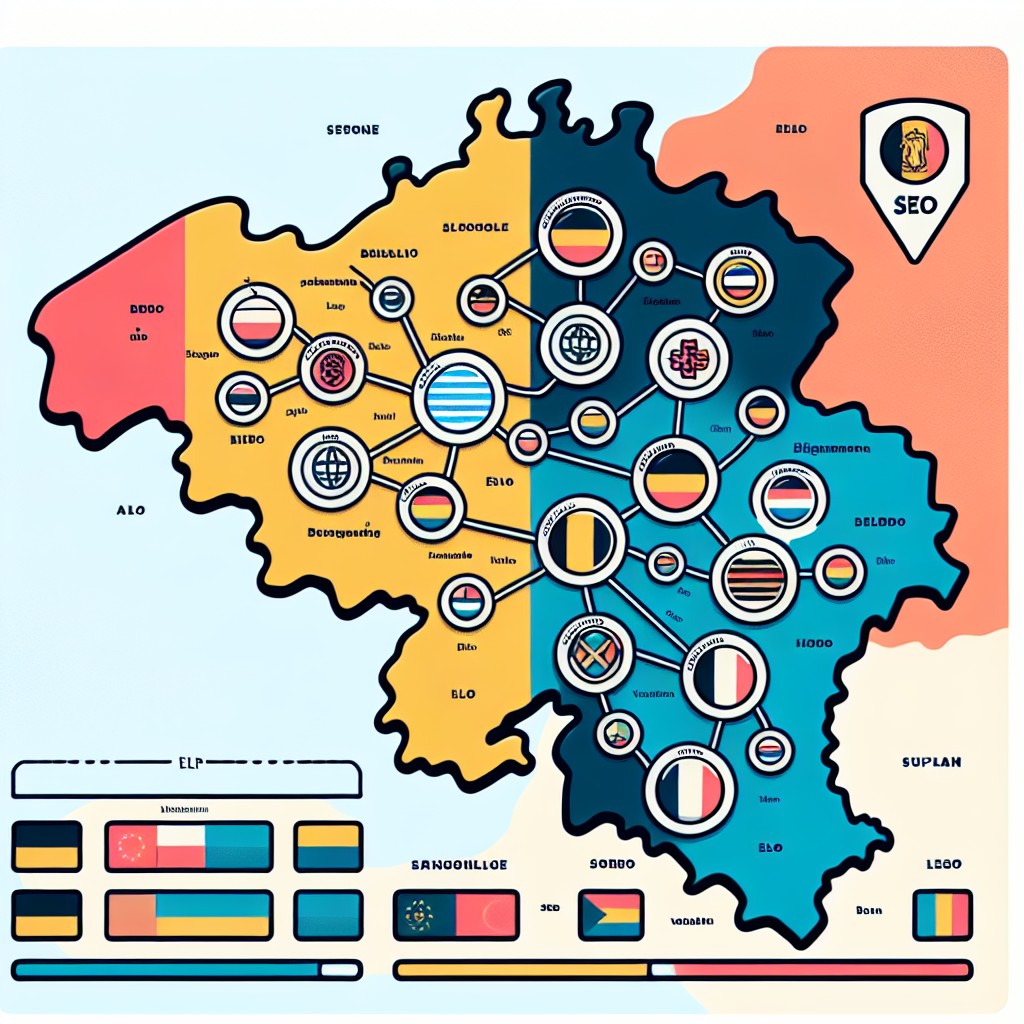 Une carte de la Belgique avec des icônes de SEO symbolisant les différentes régions linguistiques du pays.