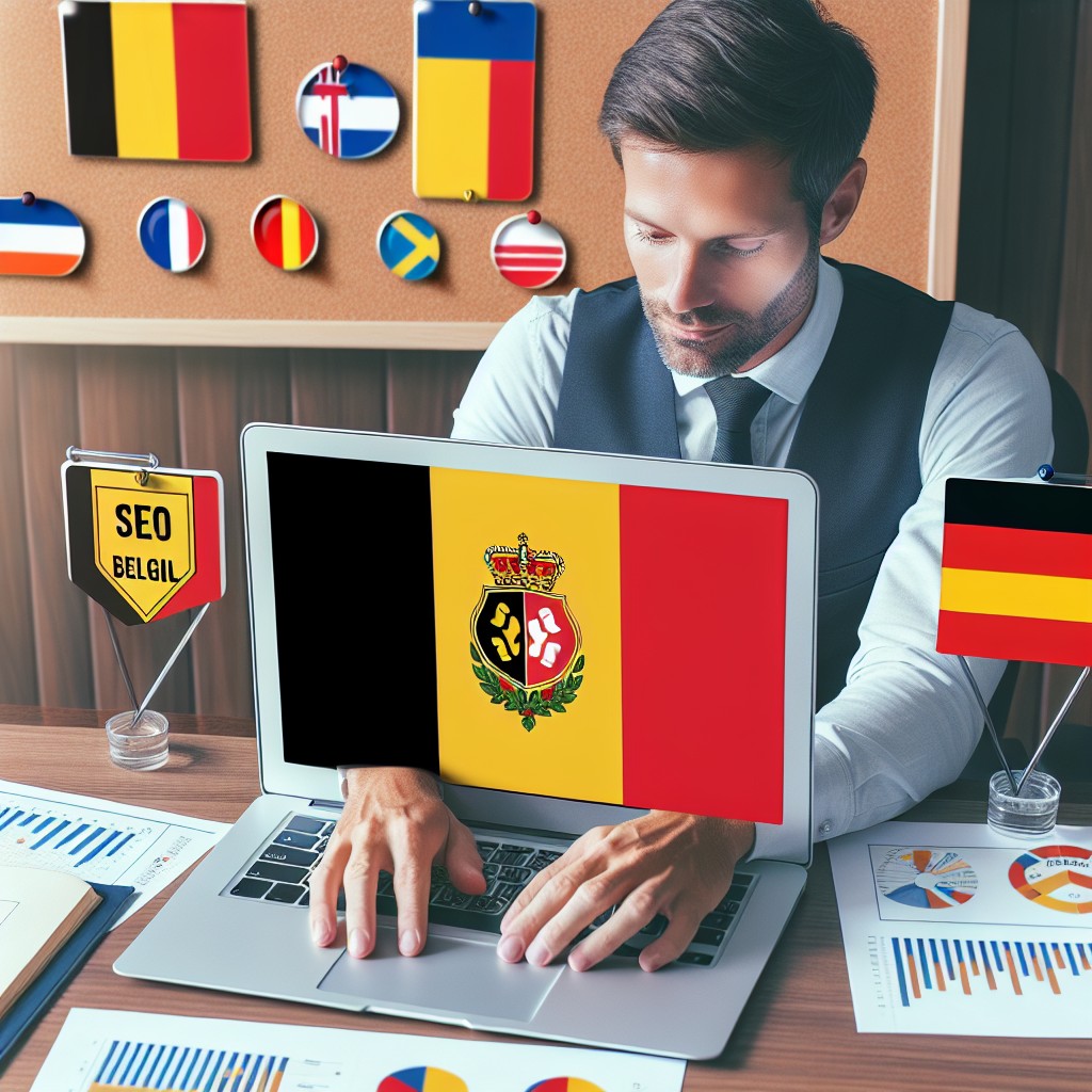 Image montrant un entrepreneur belge utilisant un ordinateur portable pour travailler sur sa stratégie de référencement local, avec des drapeaux symbolisant les trois langues officielles : français, néerlandais et allemand.