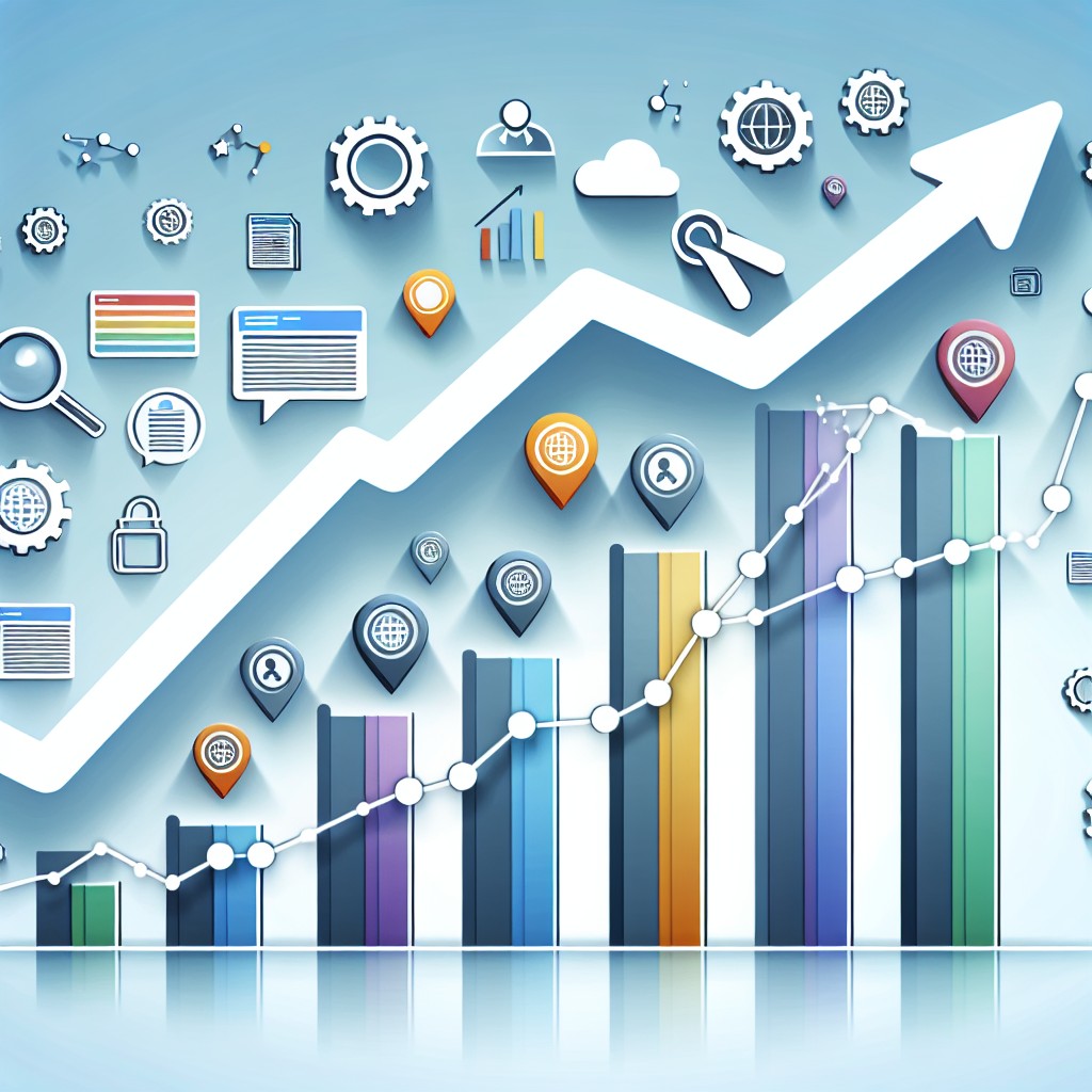 Image montrant un graphique en montée avec des icônes de SEO, représentant la croissance et l'importance du référencement en 2024.