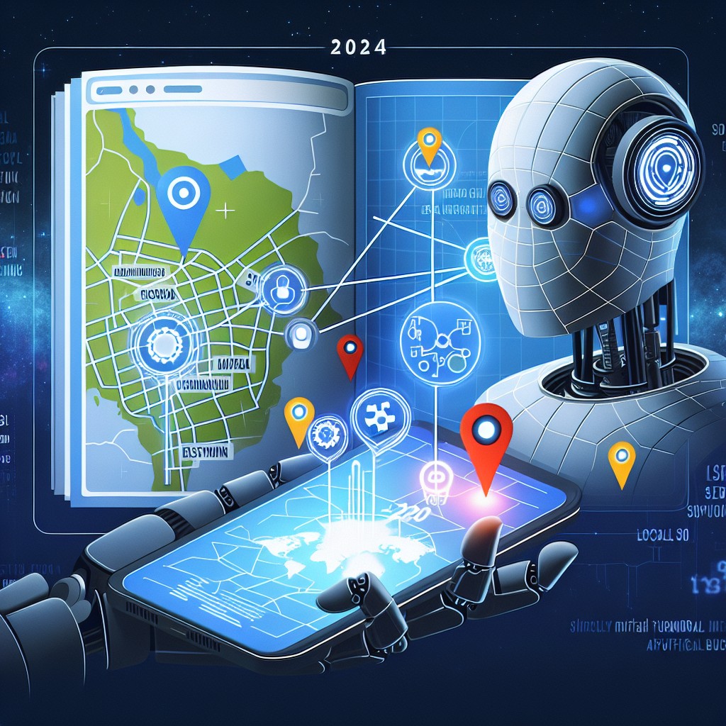 Couverture d'un article sur l'utilisation de l'intelligence artificielle pour améliorer le référencement local en 2024, montrant une carte interactive et des icônes SEO.