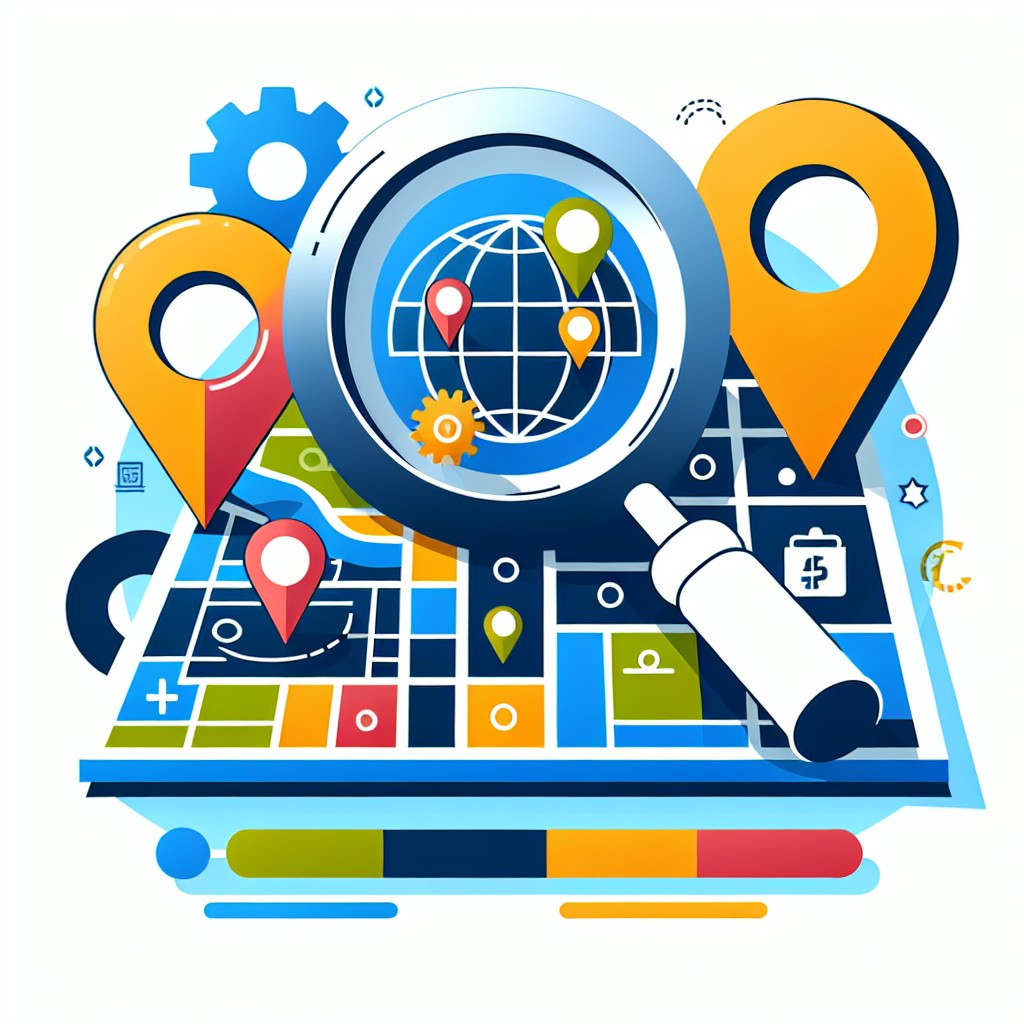 Un graphique illustrant l'importance du référencement local avec une carte, une loupe et des icônes de localisation.