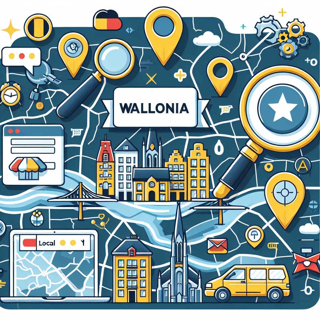 Illustration représentant une entreprise locale à Wallonie avec des icônes de moteurs de recherche et des cartes géographiques