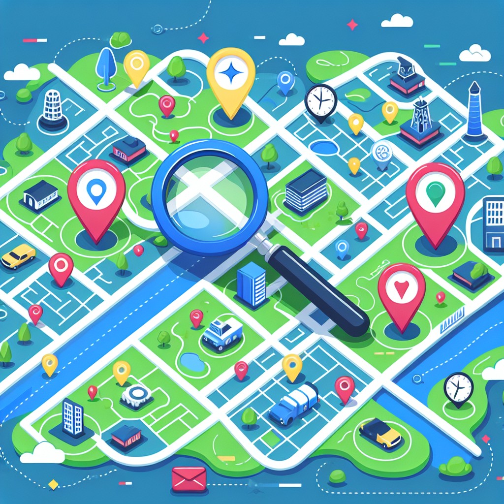 Une illustration montrant une carte locale avec des repères de localisation, symbolisant la stratégie de référencement local.