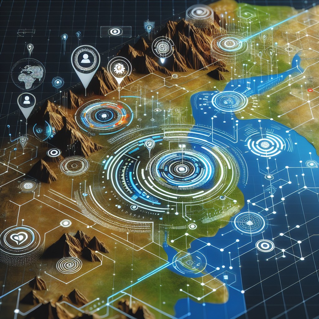 Une illustration moderne représentant une carte géographique digitale avec des indicateurs d'intelligence artificielle et de référencement local.