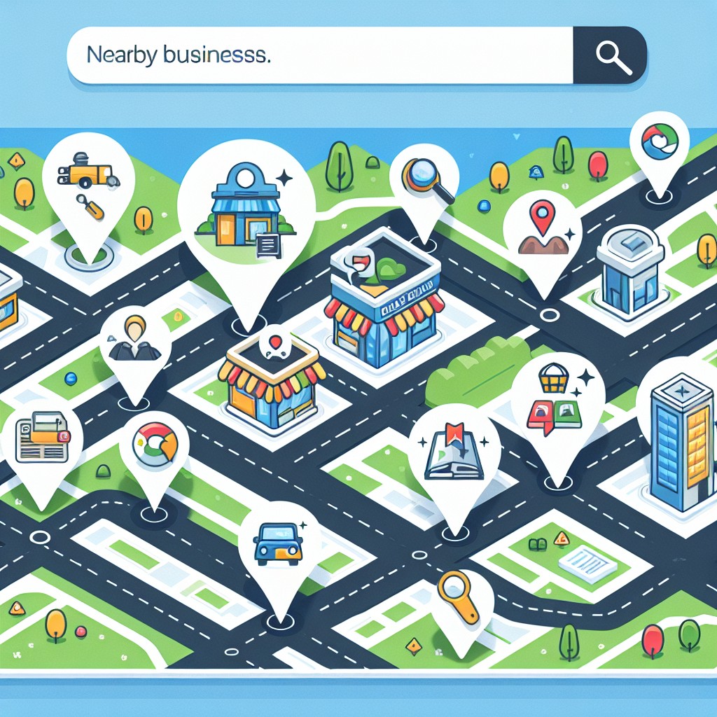 Illustration représentant des entreprises locales apparaissant en tête des résultats de recherche sur une carte géographique.