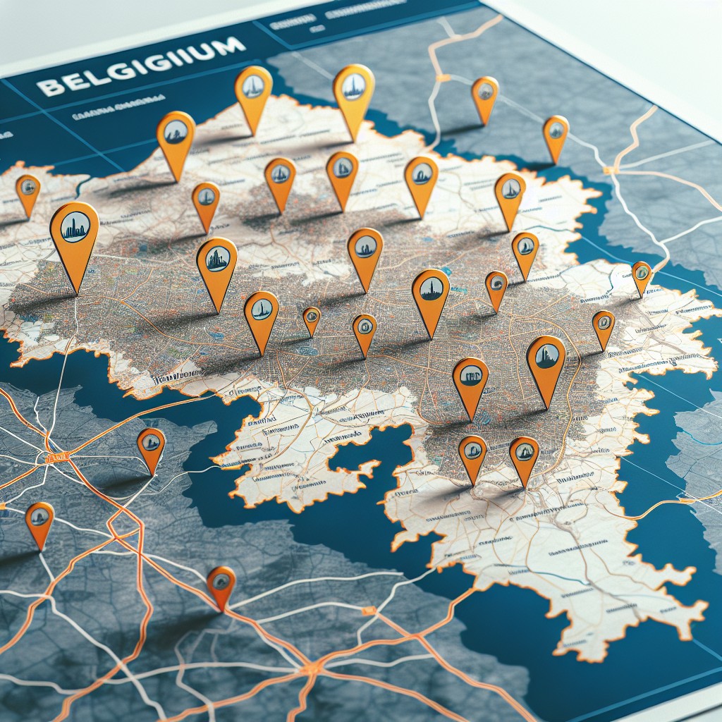 Image d'une carte de la Belgique avec des épingles représentants différentes entreprises locales prospères.