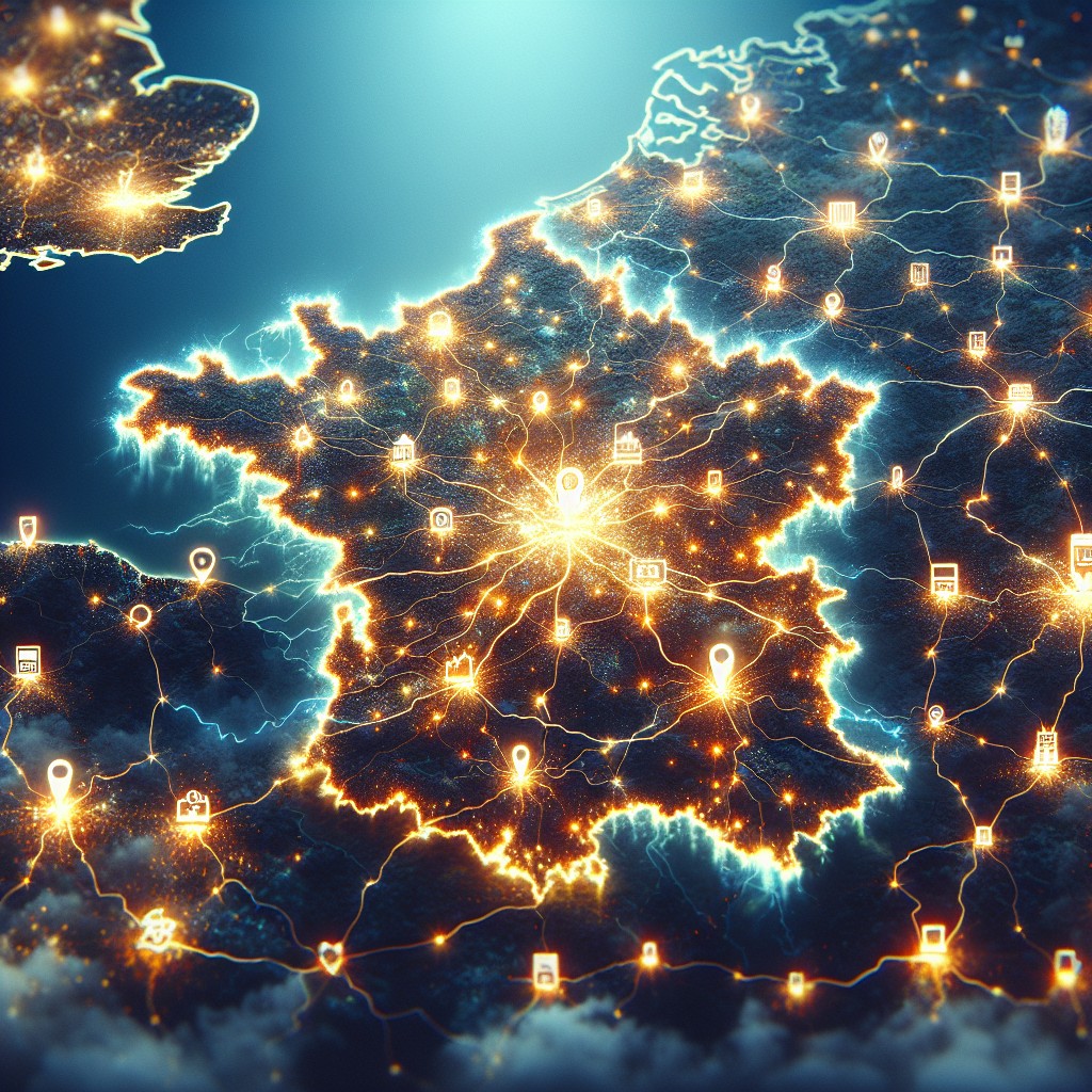 Carte de la Wallonie illuminée, symbole des entreprises locales rayonnant en ligne grâce au référencement local