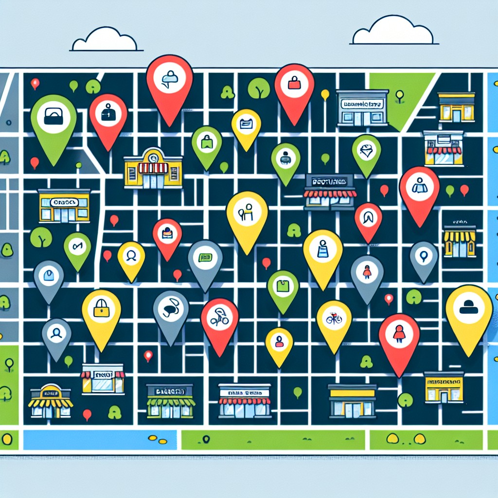 Une image illustrant une carte locale avec des épingles signalant différentes entreprises locales et leur visibilité en ligne.