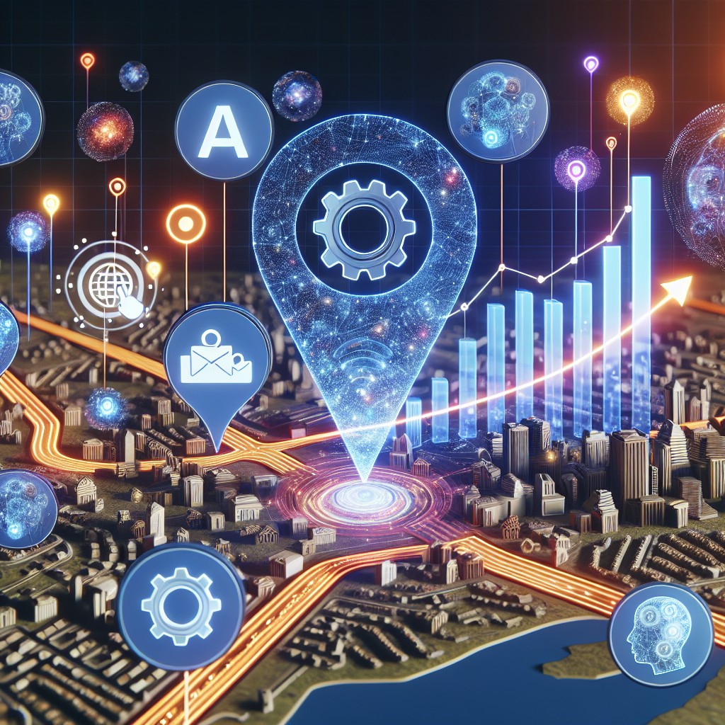 Une image illustrant l'intégration de l'intelligence artificielle dans le référencement local, avec des éléments comme des cartes localisées, des icônes d'IA et des entreprises locales en croissance.