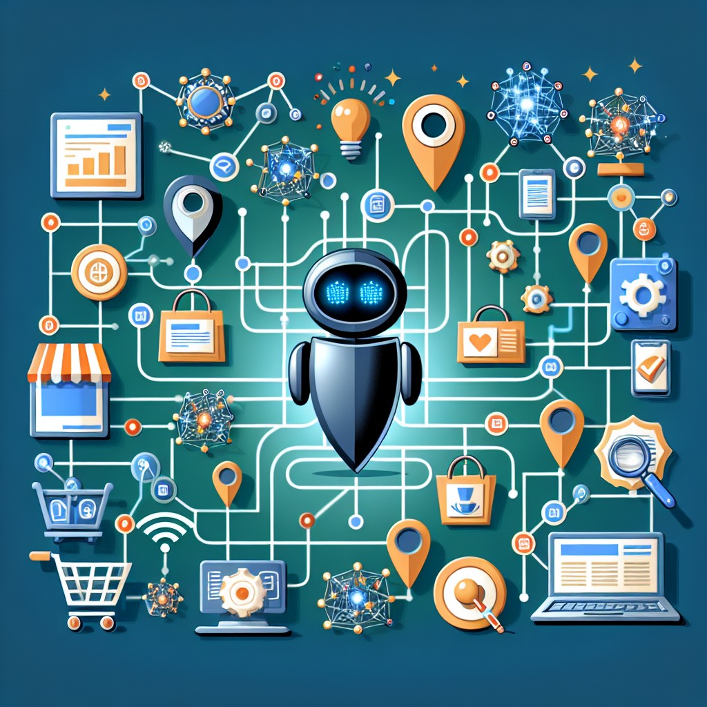 Illustration montrant la synergie entre le référencement local et l'intelligence artificielle pour améliorer la visibilité en ligne des entreprises.