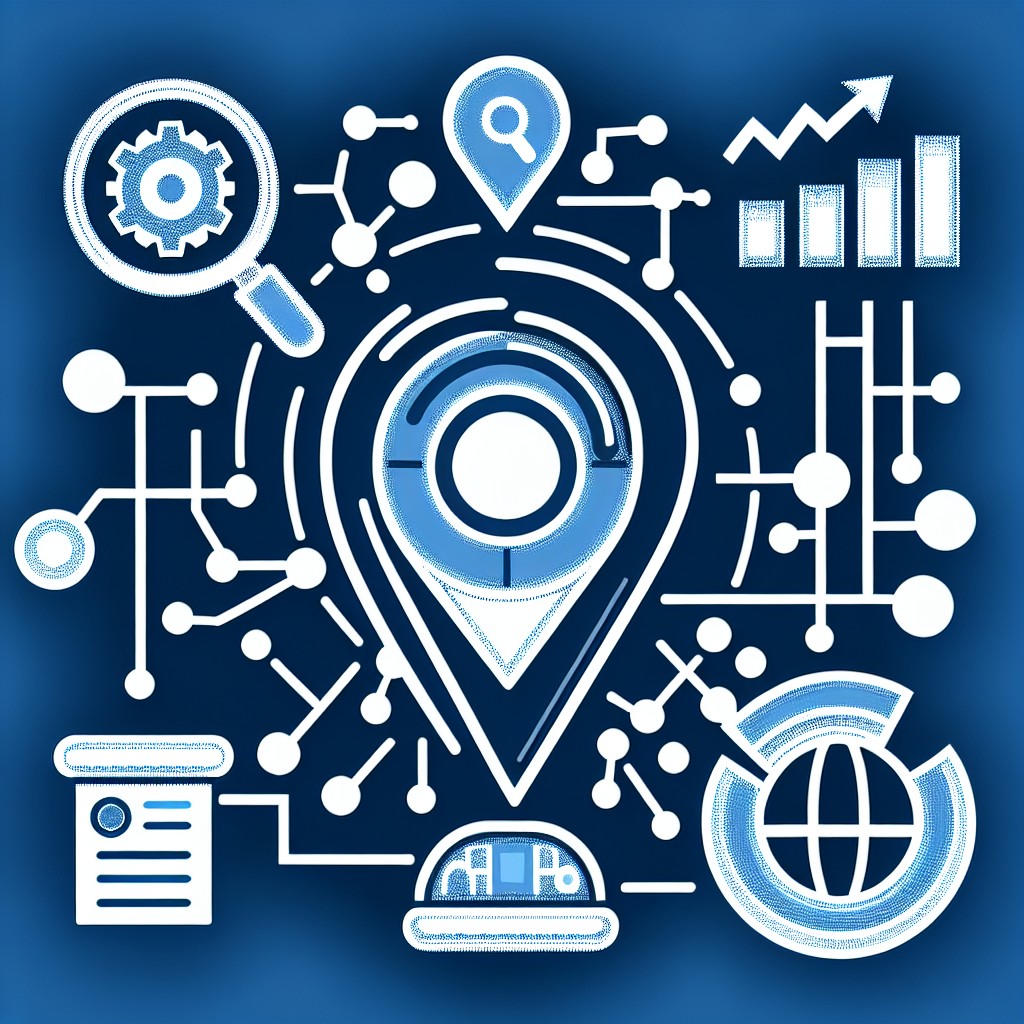 Un graphique montrant l'intégration de l'IA et du référencement local avec des icônes de localisation, de magnifying glass, et de data analytics.