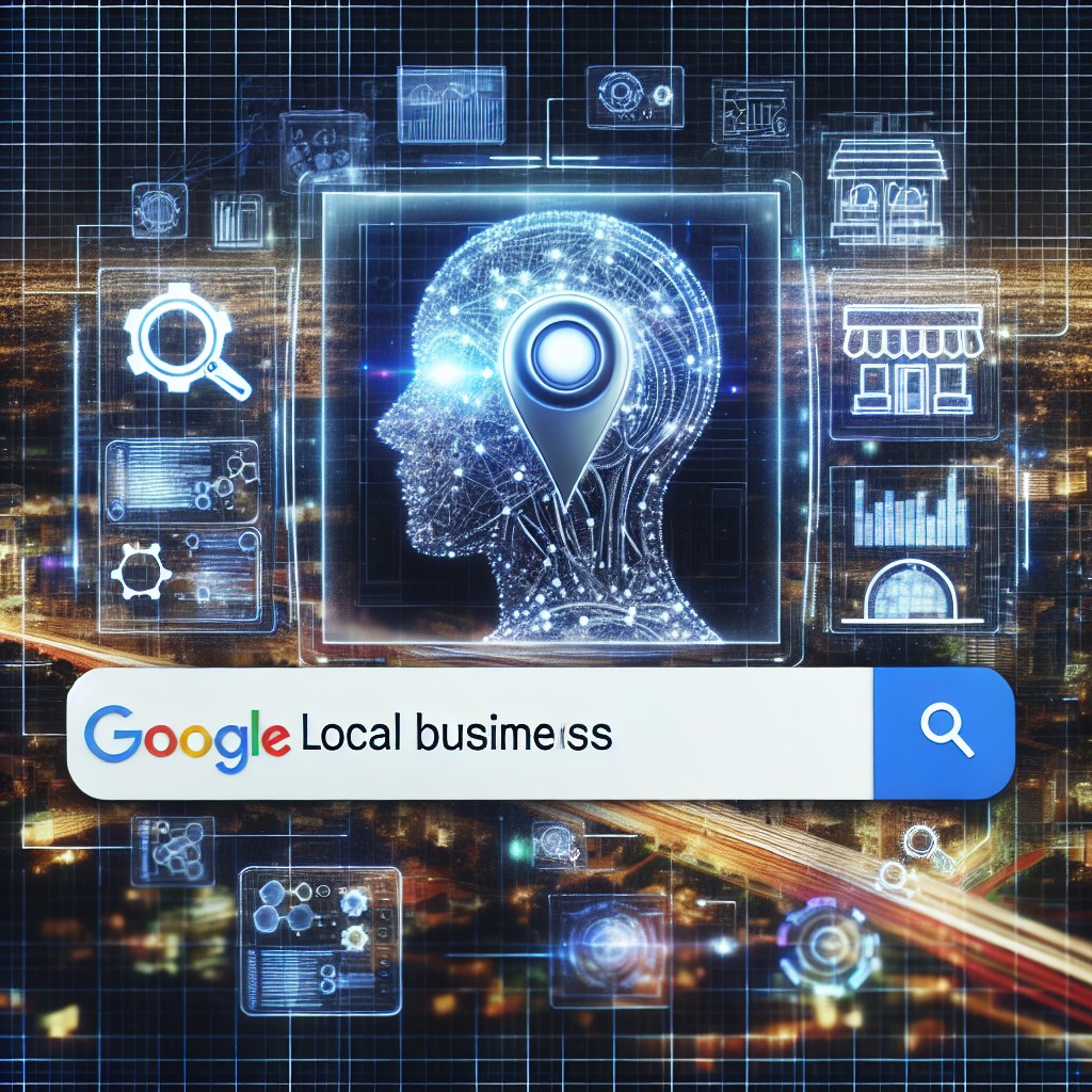 Couverture représentant une entreprise locale apparaissant en premier dans les résultats de recherche Google avec des éléments graphiques sur l'intelligence artificielle.