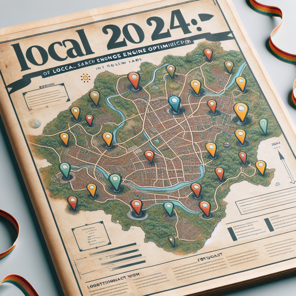 Couverture d'article montrant une carte locale avec des marqueurs de localisation, symbolisant le référencement local en 2024.