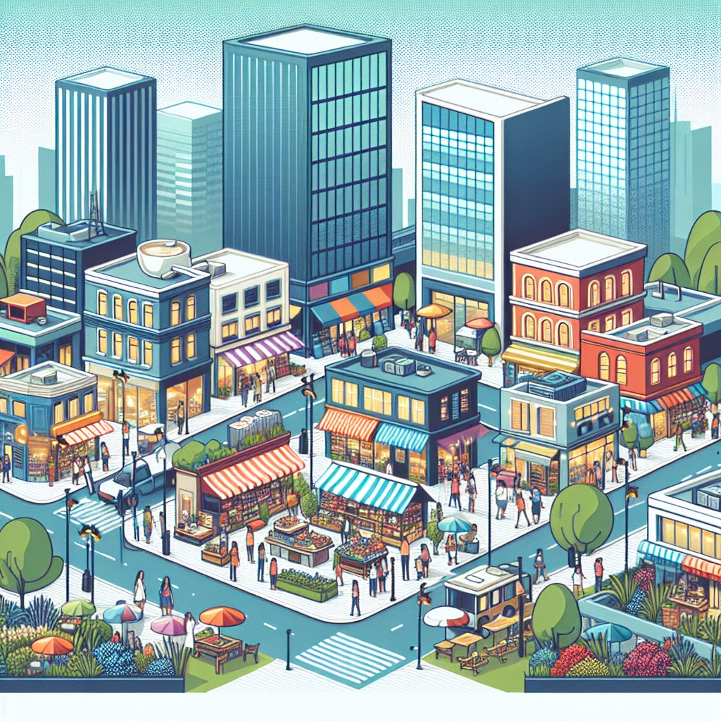 Image de couverture d'une ville moderne avec divers commerces locaux, illustrant le concept de visibilité locale pour les entreprises.