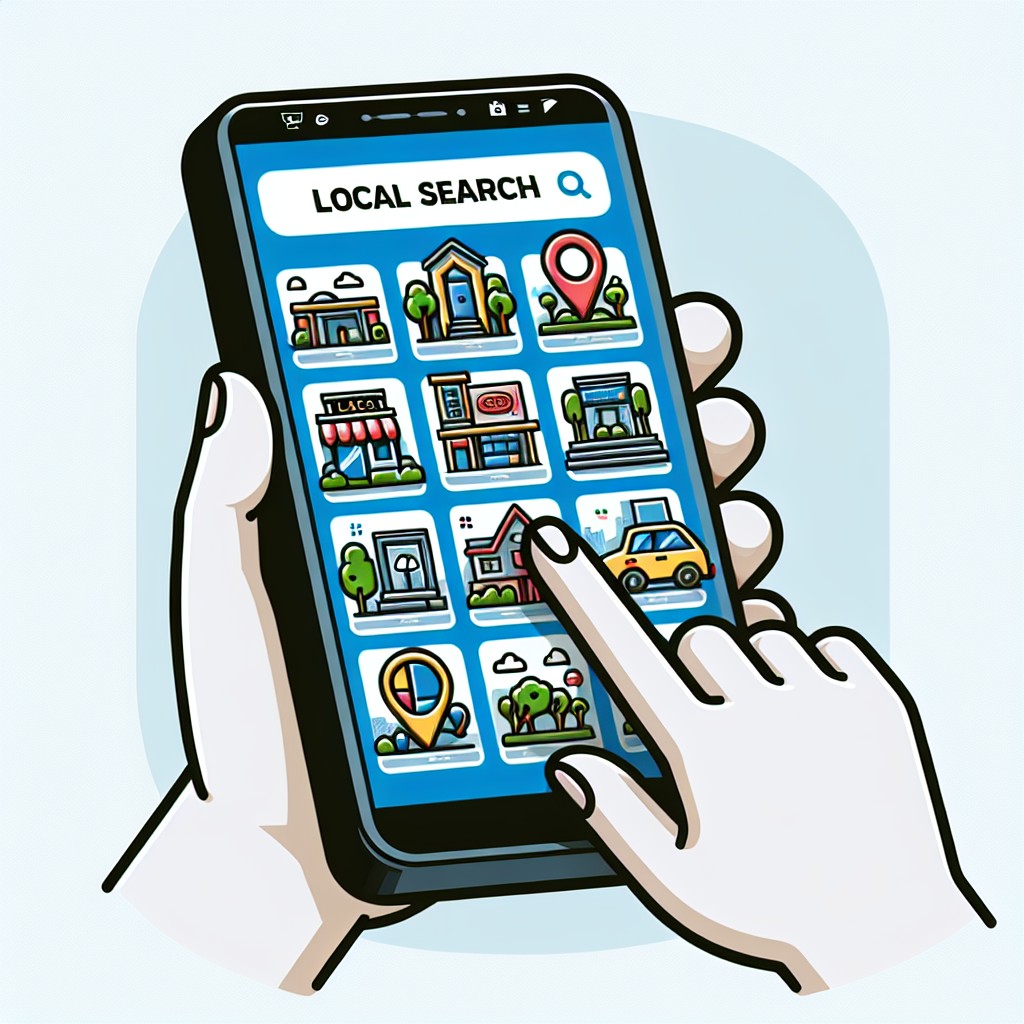 Une image représentant la recherche locale sur un smartphone, avec des points de repère et des entreprises locales mises en avant.