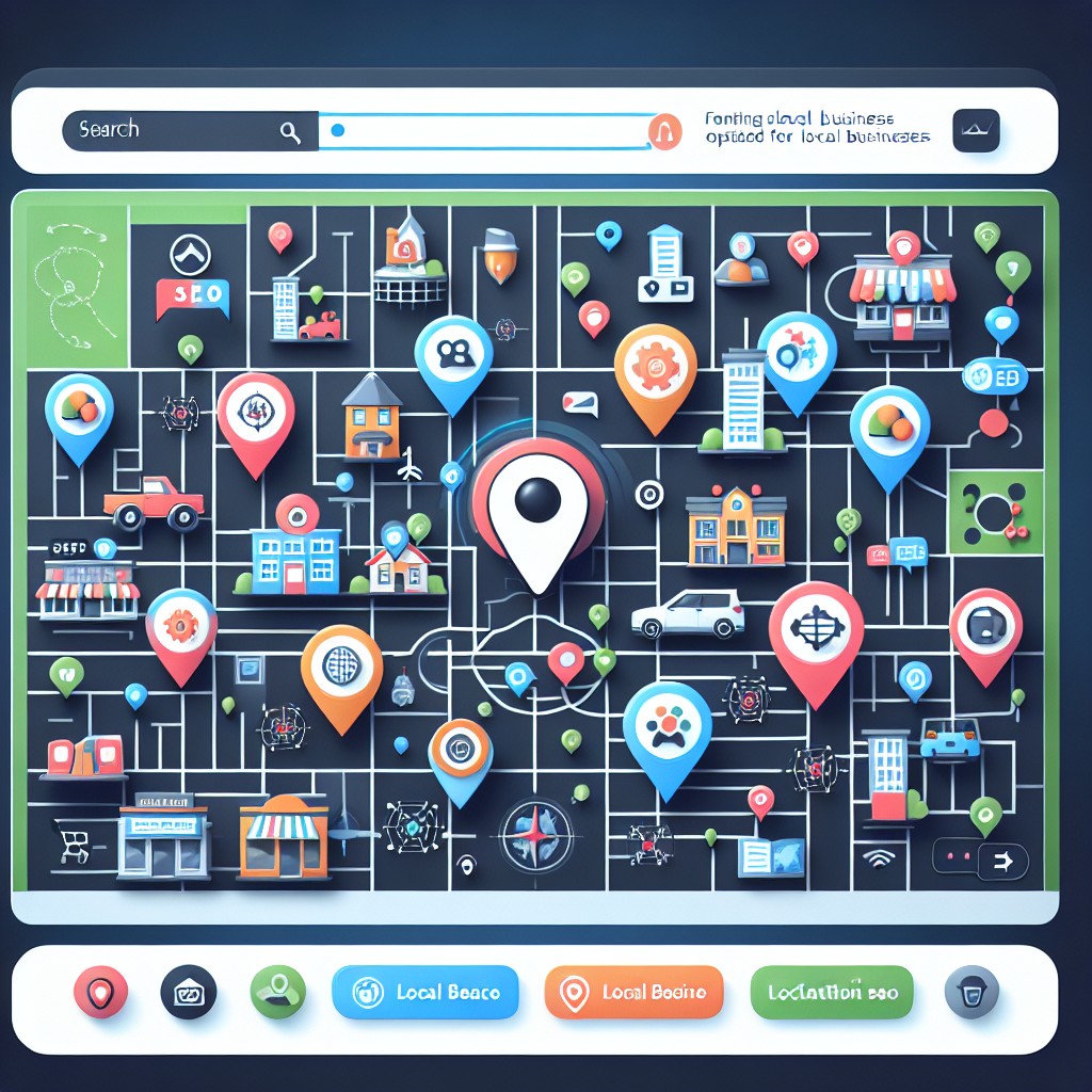 Image montrant une carte virtuelle avec des repères symbolisant des entreprises locales optimisées pour le référencement local.