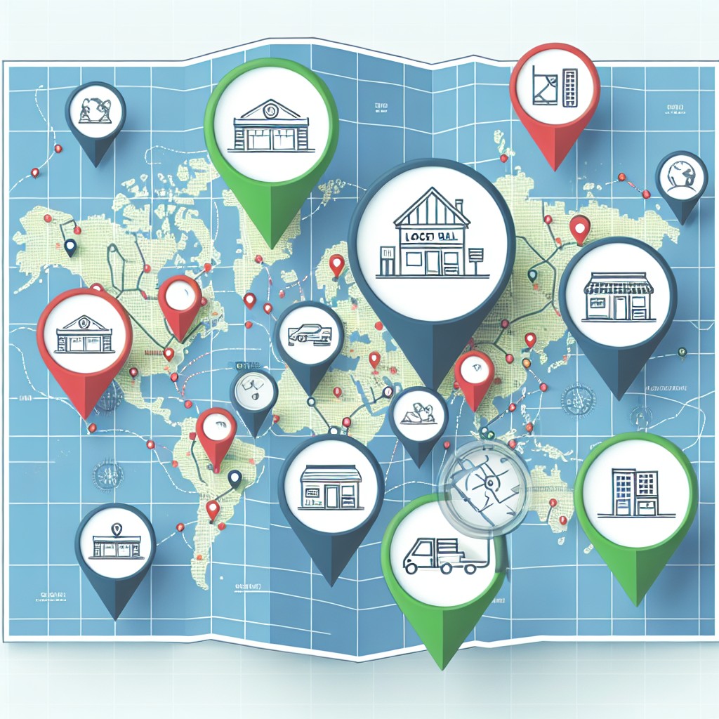 Image représentant un concept de référencement local avec une carte géographique et des indicateurs d'entreprises locales.