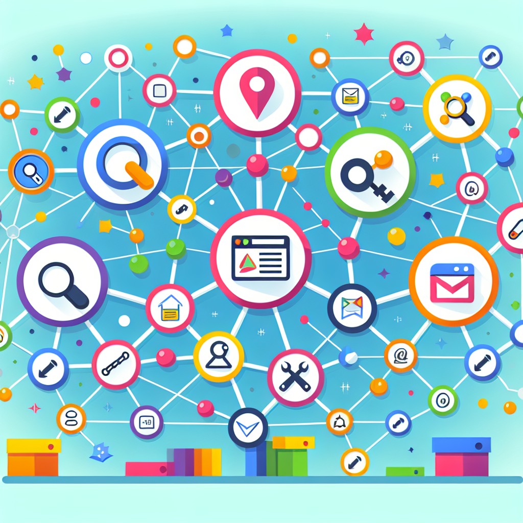 Une illustration colorée représentant un maillage de liens connectant des symboles de sites web variés, symbolisant l'importance des stratégies de liens dans le SEO.