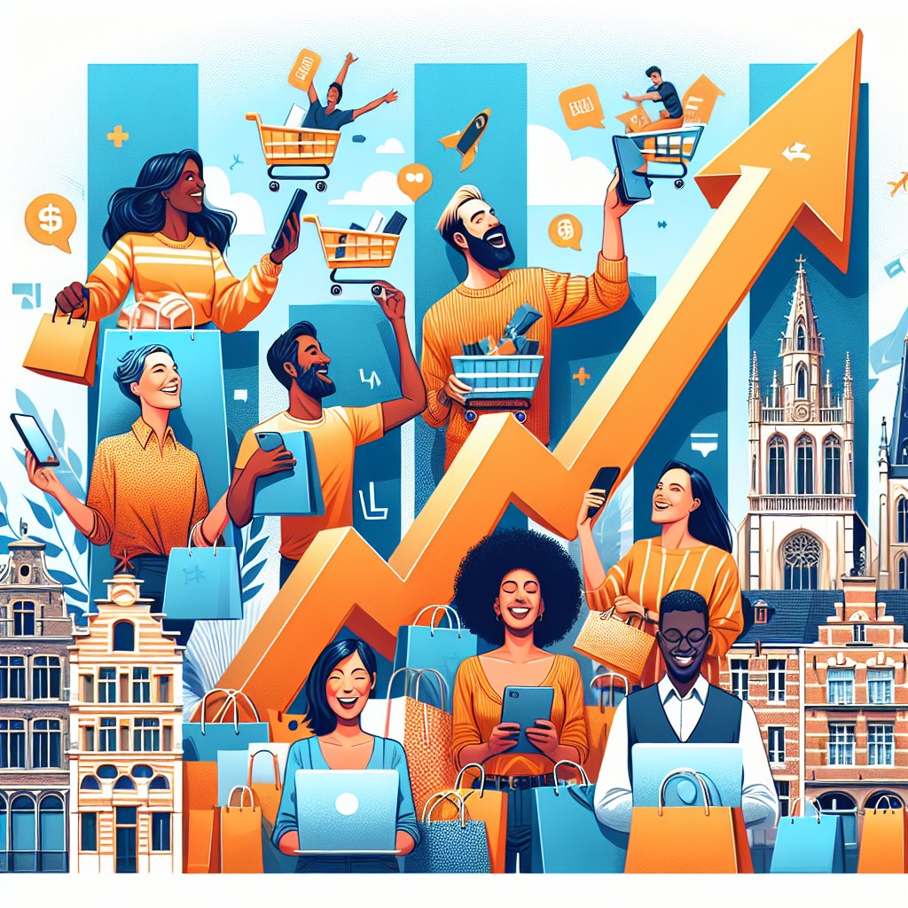 Image de couverture illustrant la croissance de l'e-commerce en Wallonie, avec des consommateurs achetant en ligne.