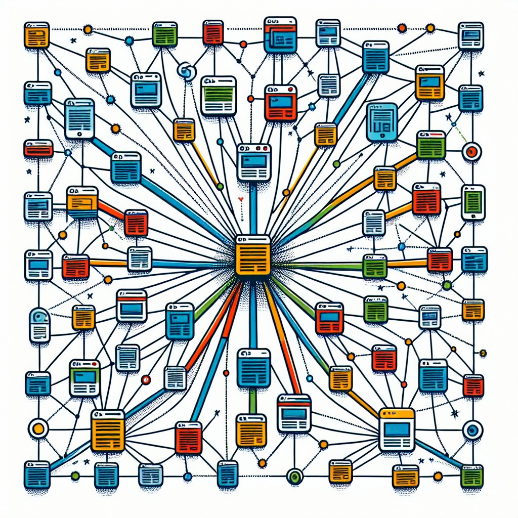 Illustration de divers sites web interconnectés, symbolisant les backlinks et l'autorité en ligne.