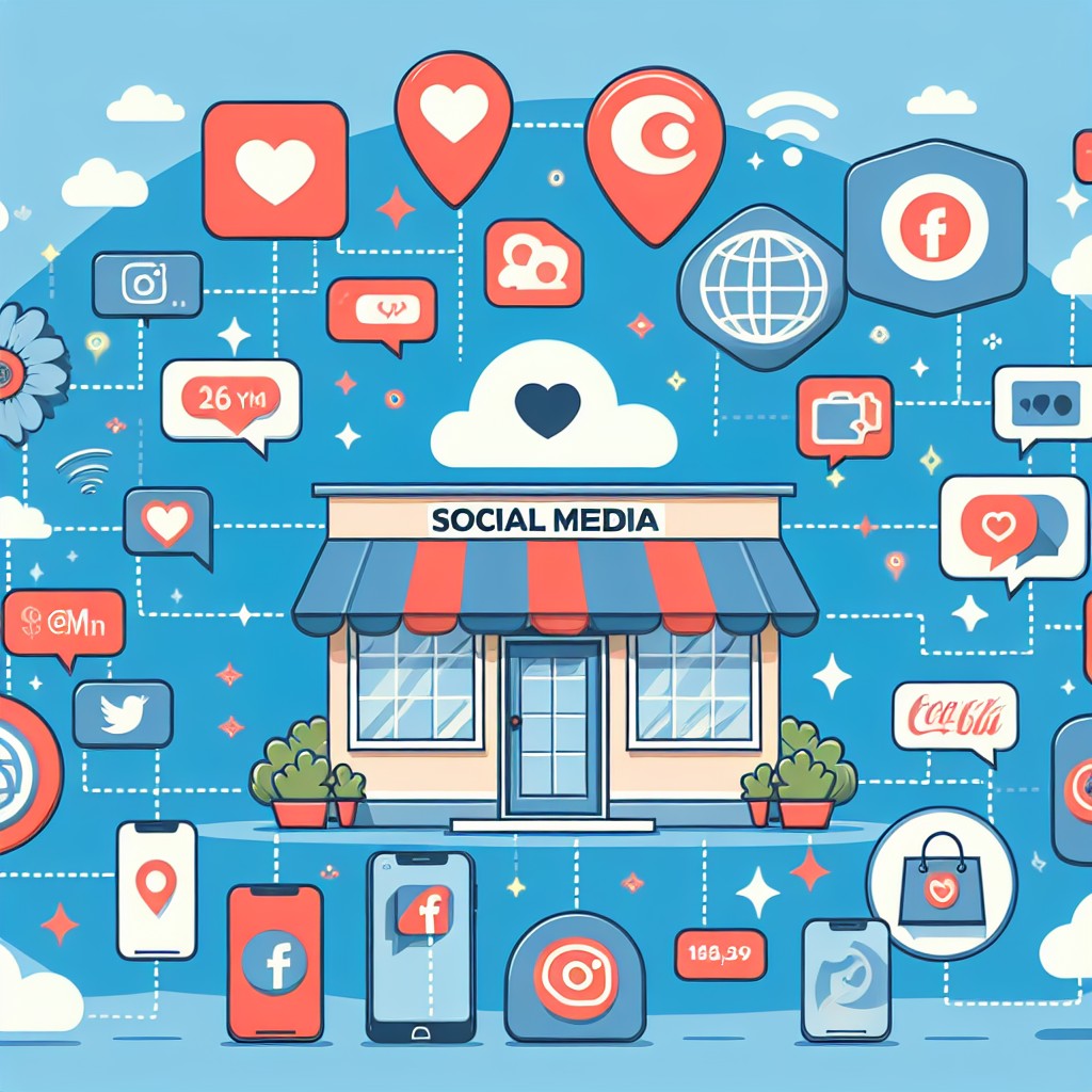 Illustration de divers logos de réseaux sociaux entourant un petit magasin, symbolisant leur importance pour les PME