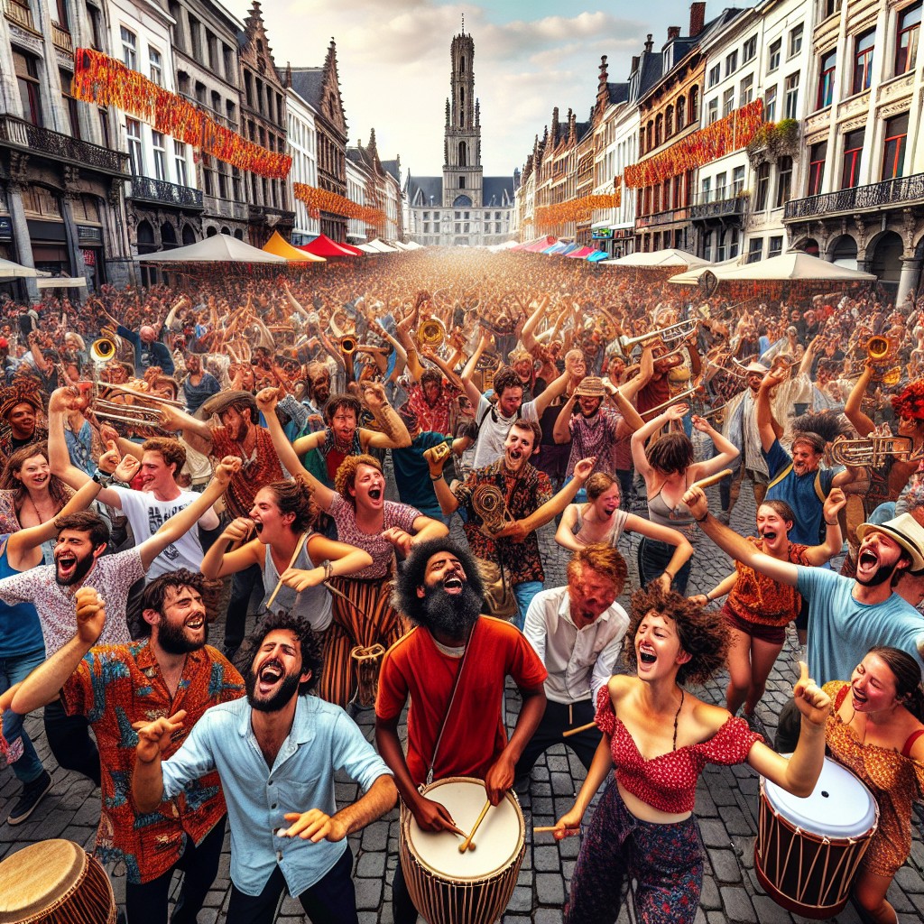 Scène festive animée à la Fête de Wallonie à Liège, avec musique, danse et foule joyeuse.