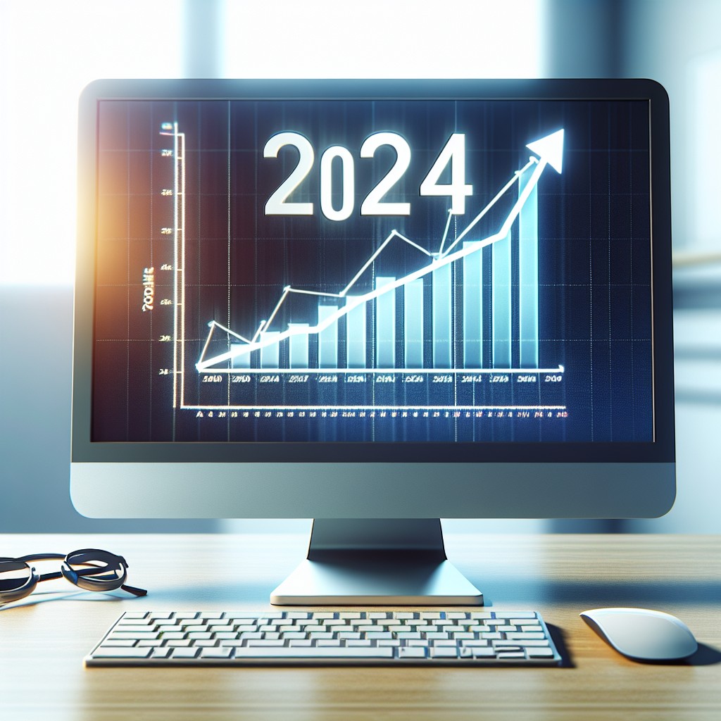 Image d'un ordinateur avec un graphique de croissance, symbolisant l'essor du SEO vidéo en 2024.