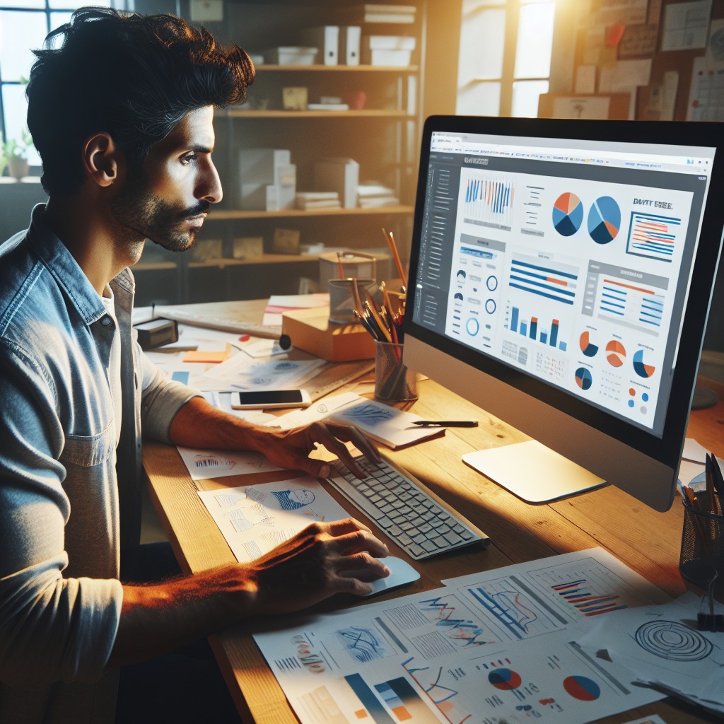 Un graphiste travaillant sur un site web avec diverses statistiques et graphiques montrant la performance en ligne.