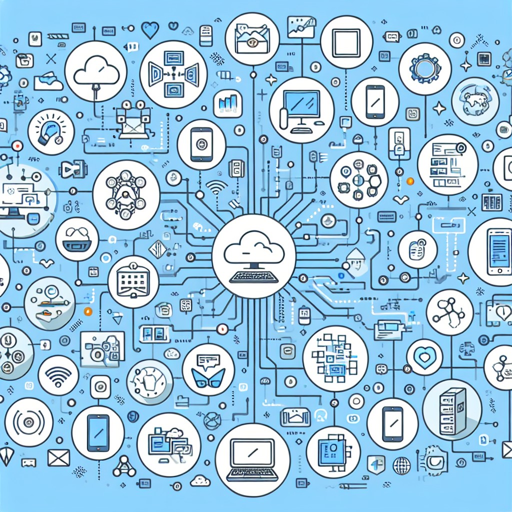 Illustration montrant des éléments de digitalisation, comme des icônes de technologies modernes connectées dans un réseau.