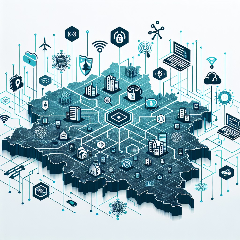 Une carte interactive de la Wallonie avec des icônes technologiques représentant la transformation digitale.