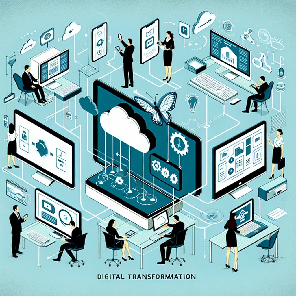 Illustration montrant la transformation numérique dans un environnement professionnel moderne avec des outils digitaux.