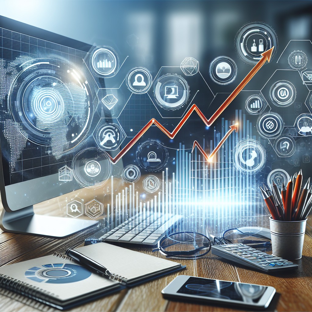 Image représentant des outils numériques avec des graphiques de croissance, symbolisant le marketing digital pour les PME.