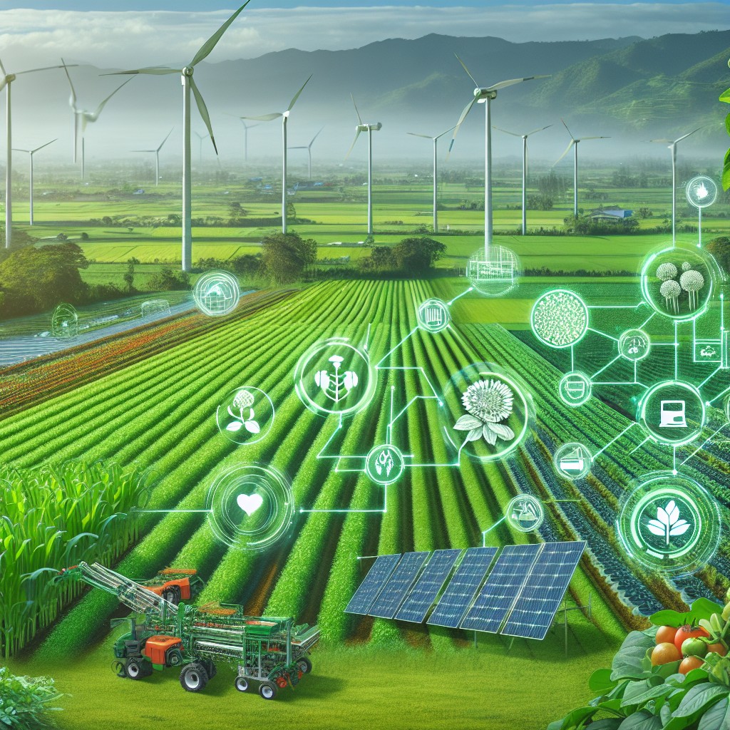 Paysage agricole verdoyant avec des technologies modernes illustrant l'agroécologie en action.