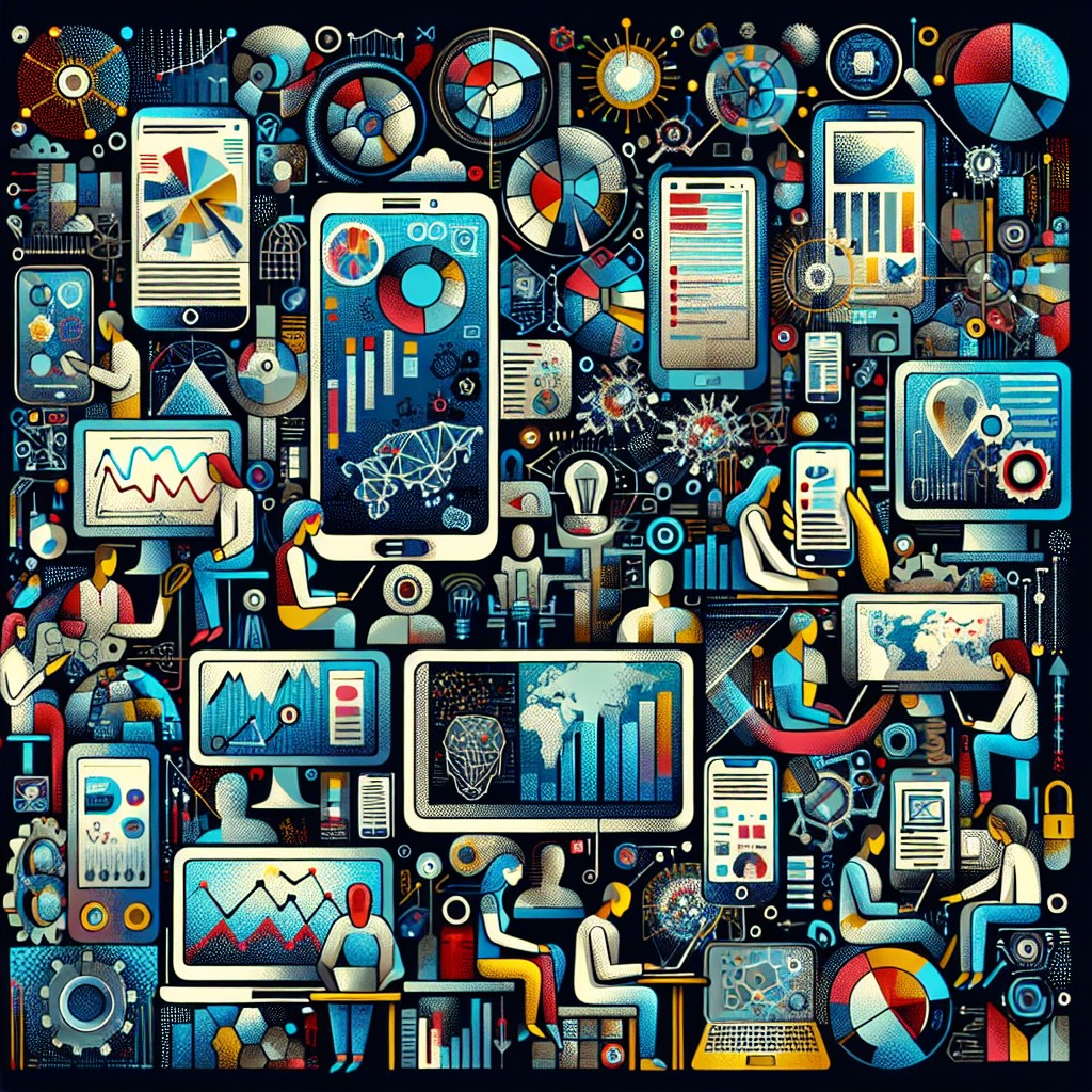 Une illustration moderne symbolisant les tendances SEO de 2024, avec des éléments d'intelligence artificielle et mobile.