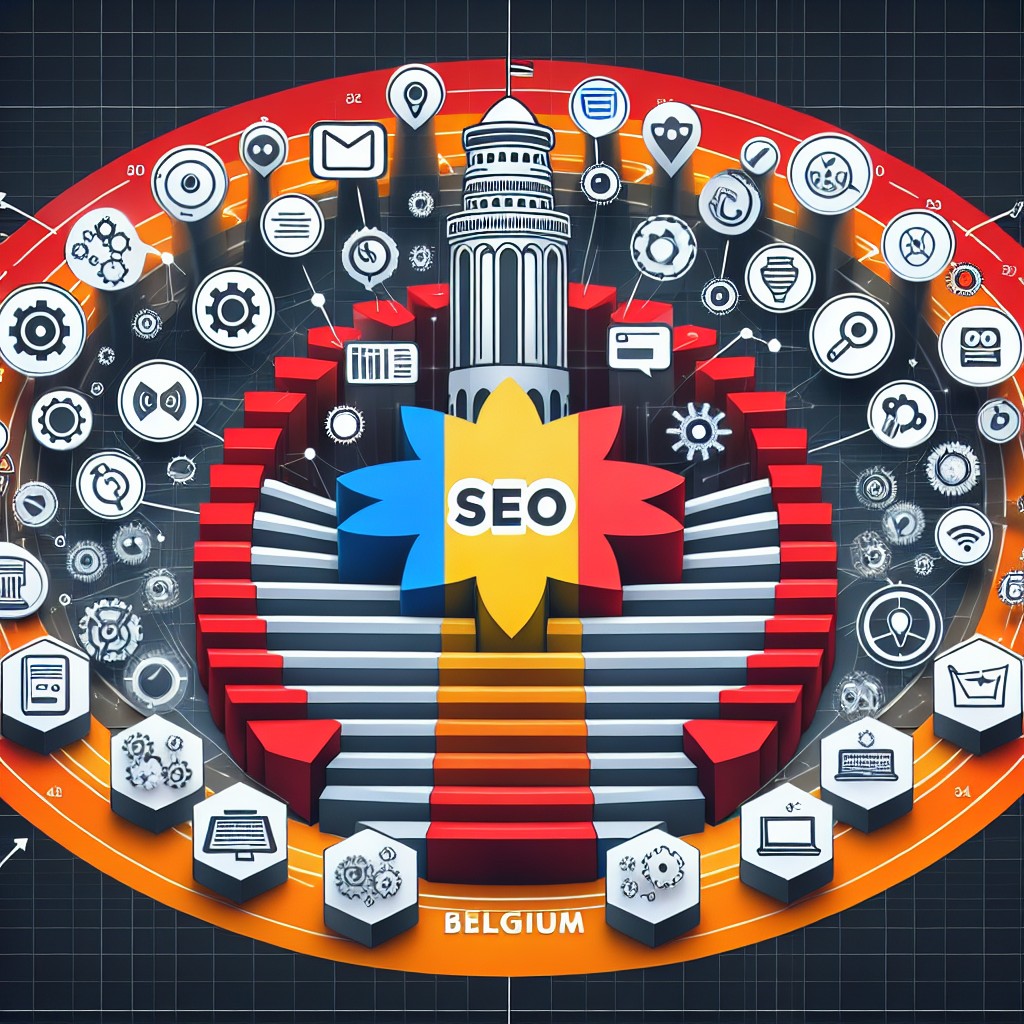 Schéma conceptuel illustrant la révolution du SEO en Belgique, avec des icônes représentant les principales tendances et technologies émergentes