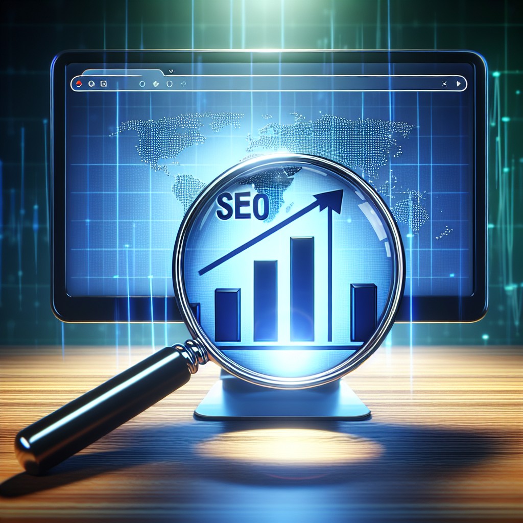 Image de couverture montrant une loupe sur un écran d'ordinateur avec des graphiques de croissance, symbolisant l'importance et l'évolution du SEO en 2024.