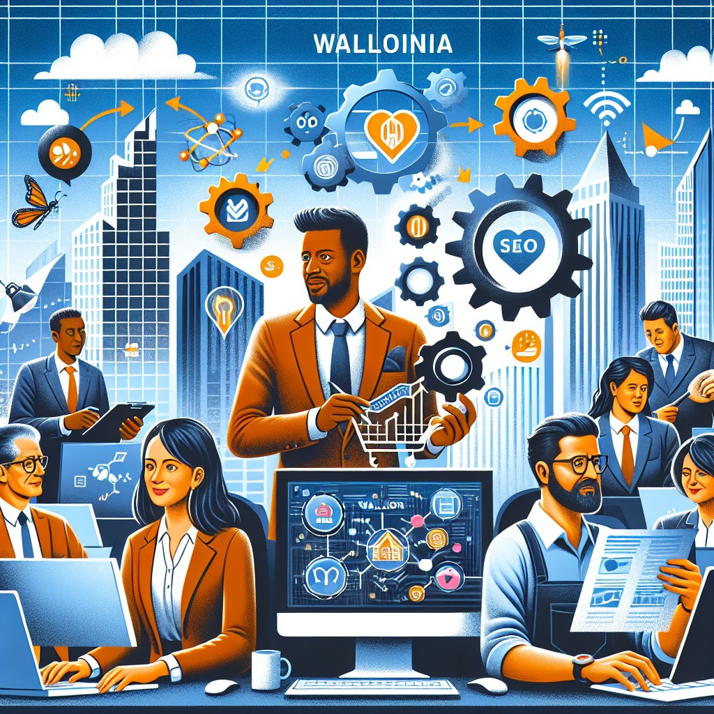 Image de couverture illustrant une entreprise en pleine transformation digitale en Wallonie, avec des éléments visuels représentant le SEO, le CRM et les outils numériques.